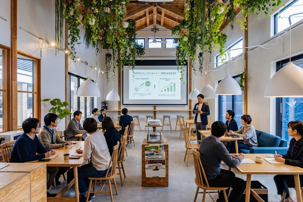 植物と木の家具が印象的なRootsの店内